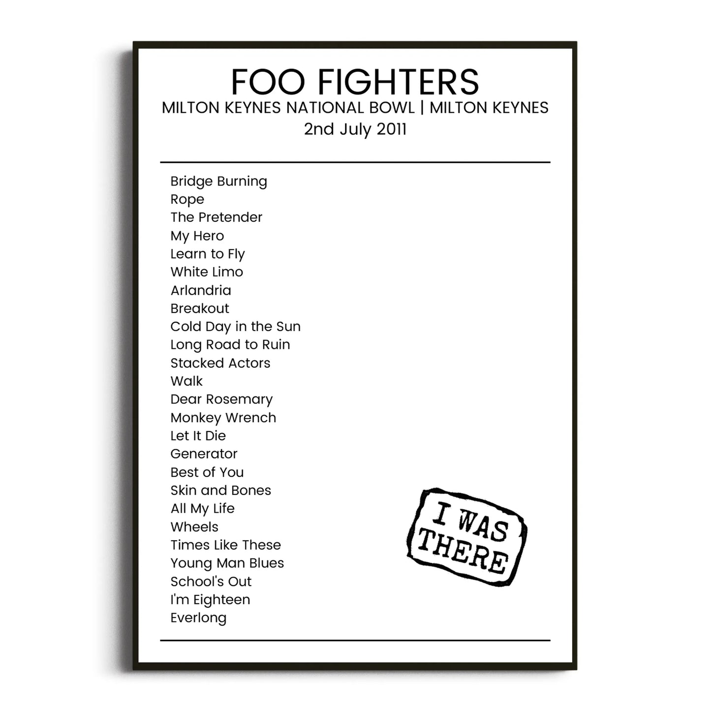 Foo Fighters Milton Keynes 02 July 2011 Setlist Poster