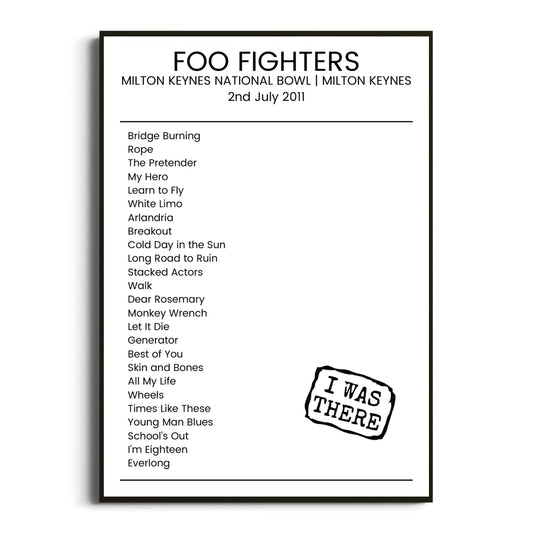 Foo Fighters Milton Keynes 02 July 2011 Setlist Poster