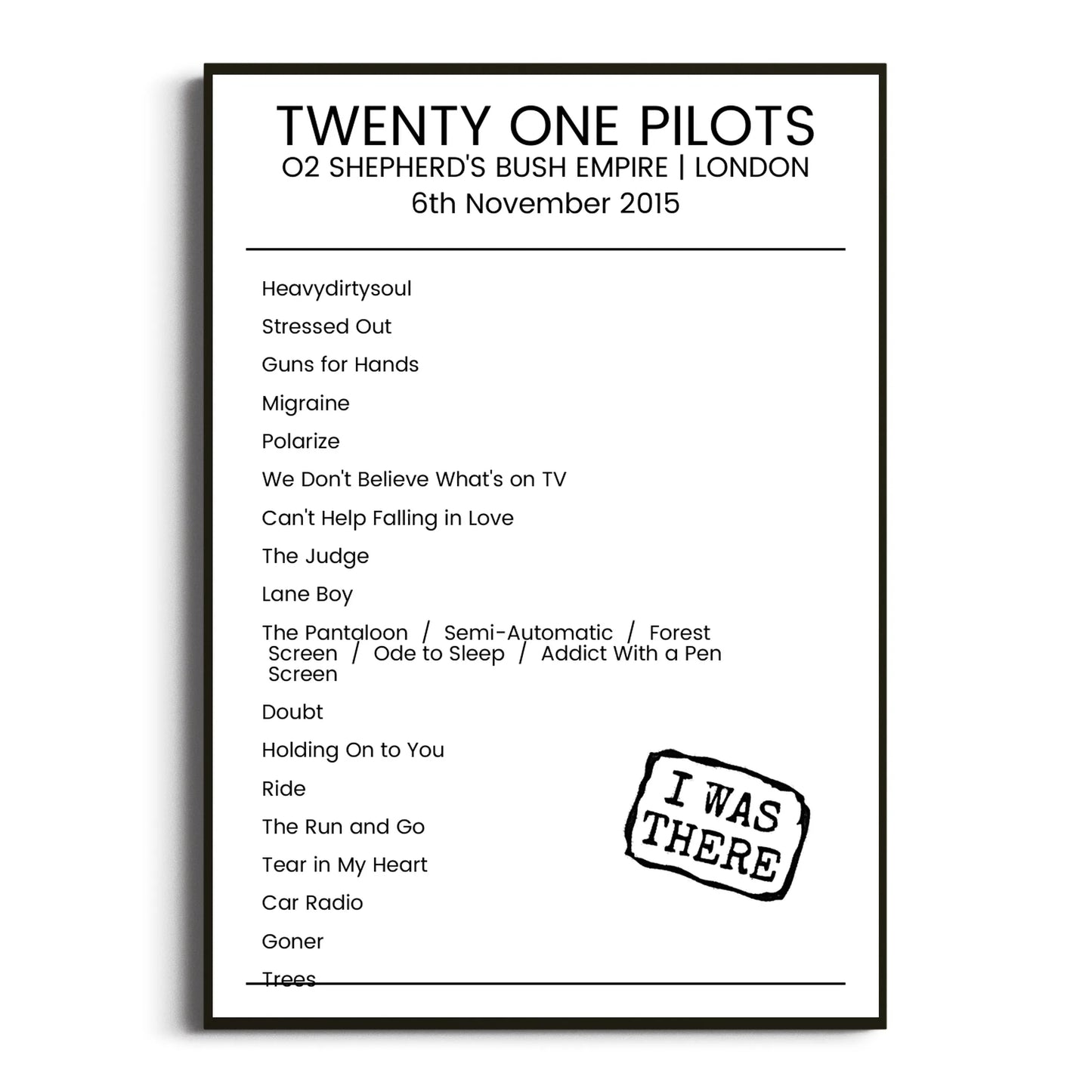 Twenty One Pilots London 06 November 2015 Setlist Poster