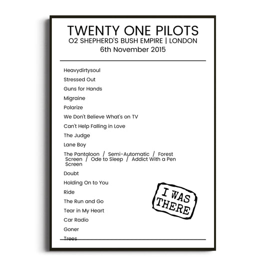 Twenty One Pilots London 06 November 2015 Setlist Poster