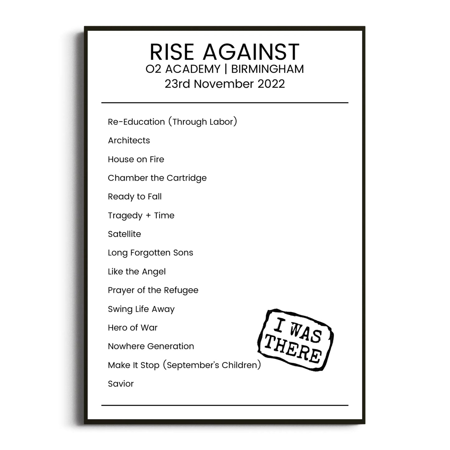 Rise Against Birmingham 23 November 2022 Setlist Poster