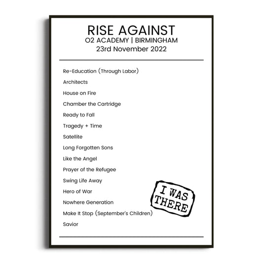 Rise Against Birmingham 23 November 2022 Setlist Poster