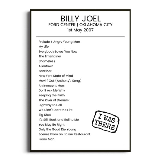 Billy Joel Oklahoma City 01 May 2007 Setlist Poster