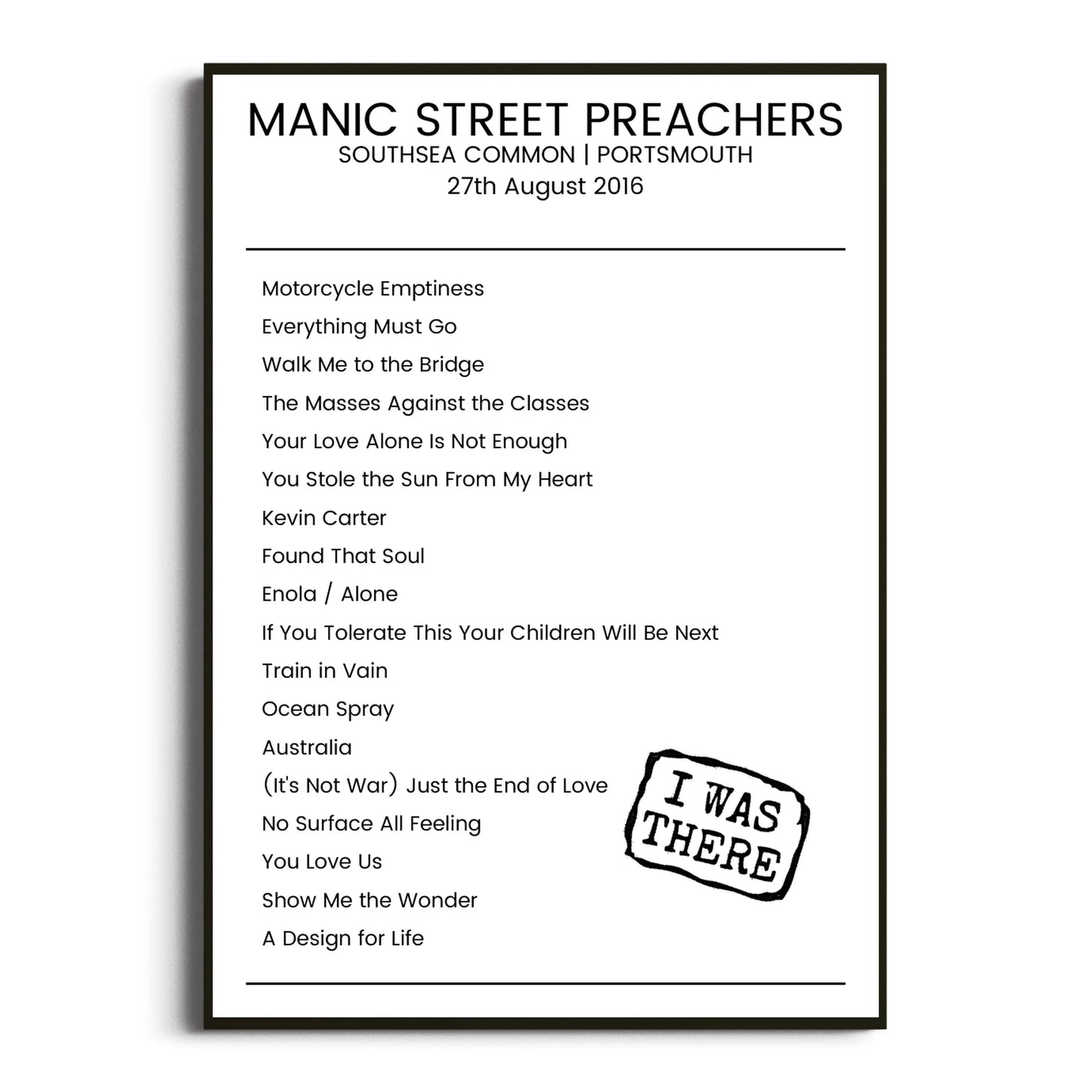 Manic Street Preachers Portsmouth 27 August 2016 Setlist Poster