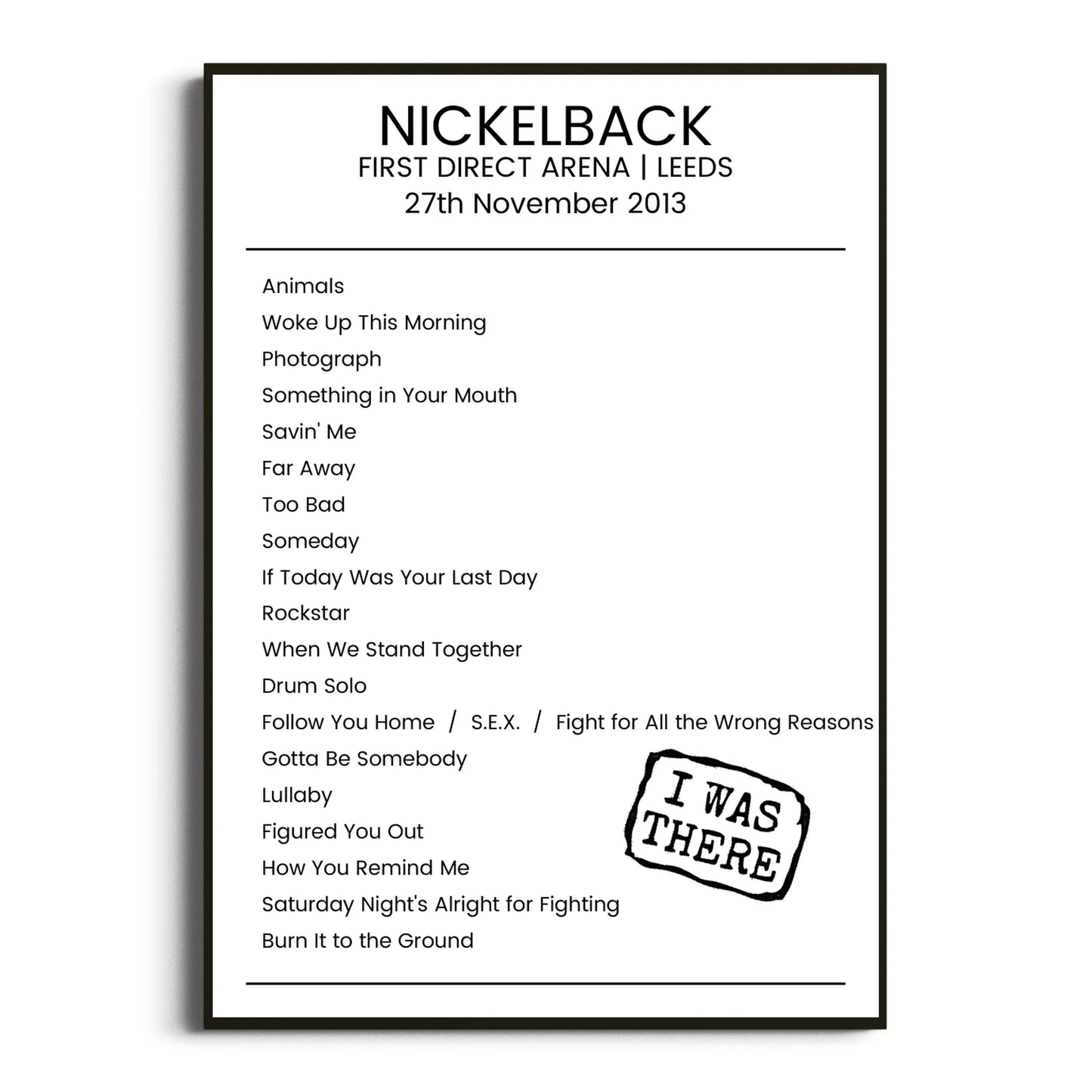 Nickelback Leeds 27 November 2013 Setlist Poster