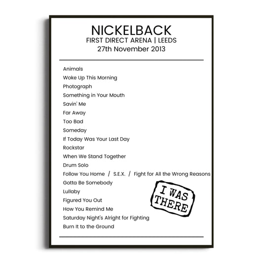 Nickelback Leeds 27 November 2013 Setlist Poster