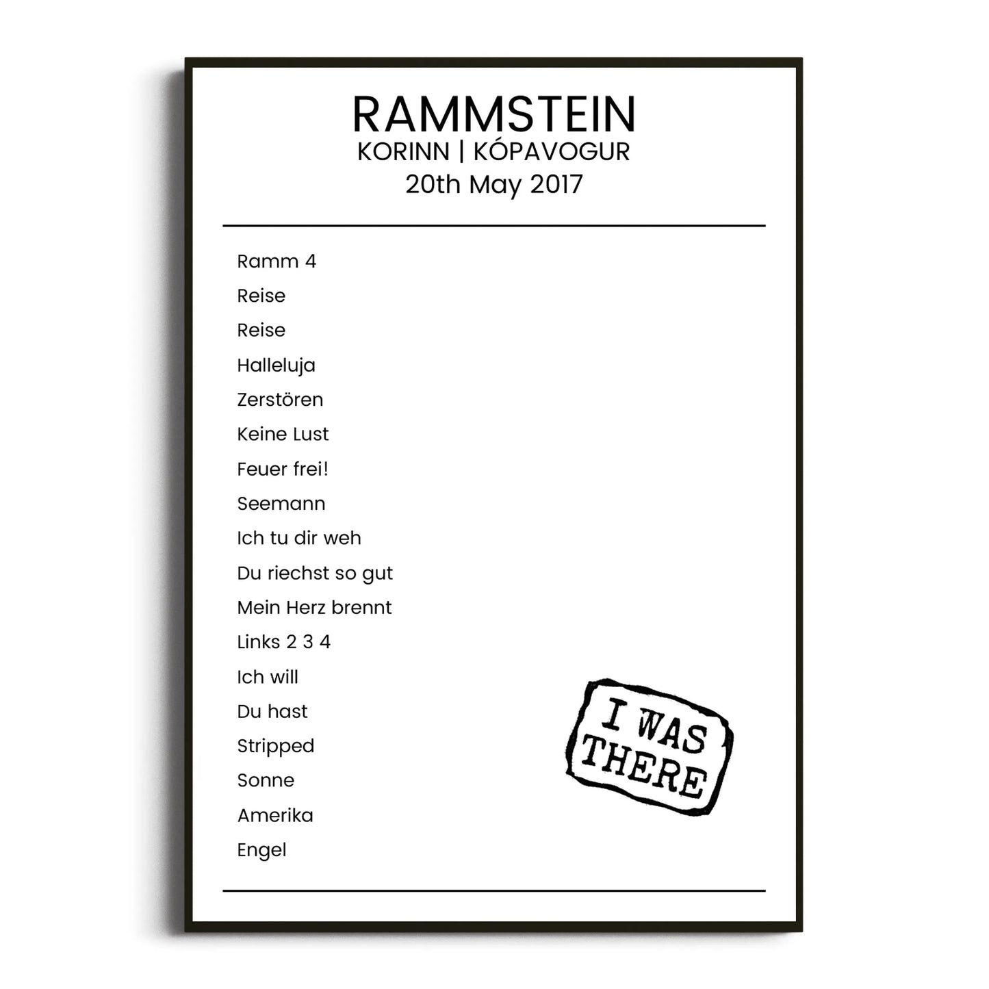 Rammstein Kópavogur 20 May 2017 Setlist Poster