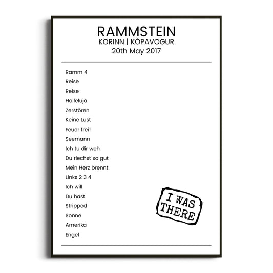 Rammstein Kópavogur 20 May 2017 Setlist Poster