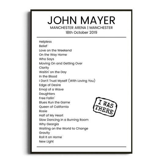 John Mayer Manchester 18 October 2019 Setlist Poster