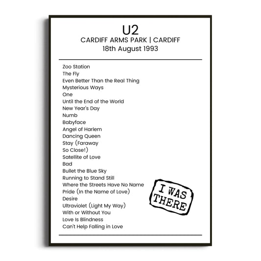 U2 Cardiff 18 August 1993 Setlist Poster