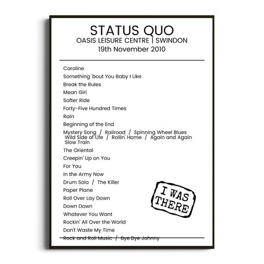 Status Quo Swindon 19 November 2010 Setlist Poster