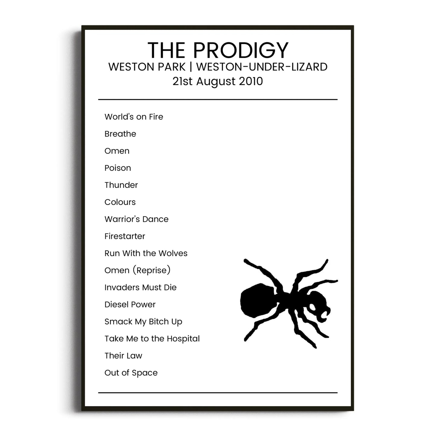 The Prodigy Weston-under-Lizard 21 August 2010 Setlist Poster