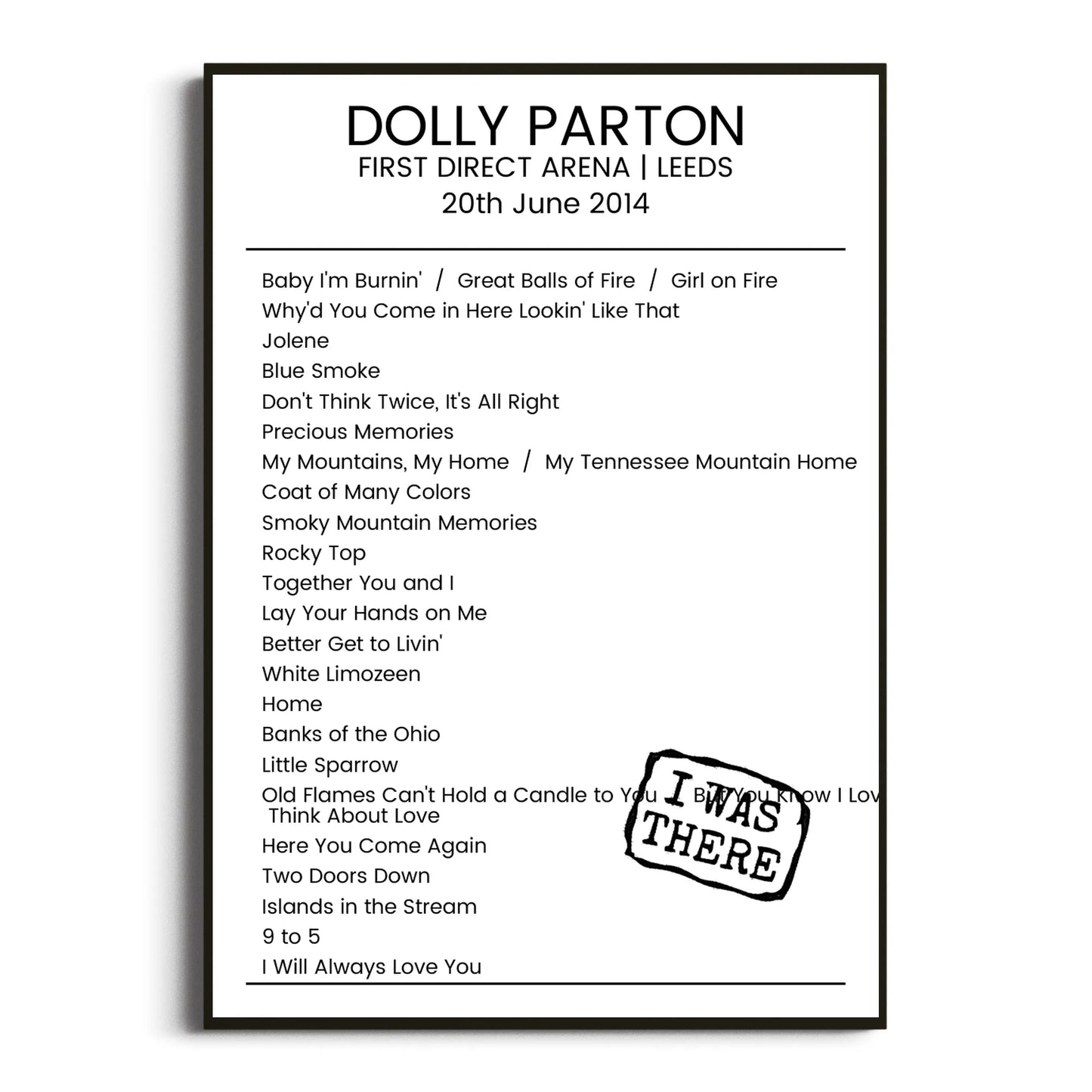 Dolly Parton Leeds 20 June 2014 Setlist Poster