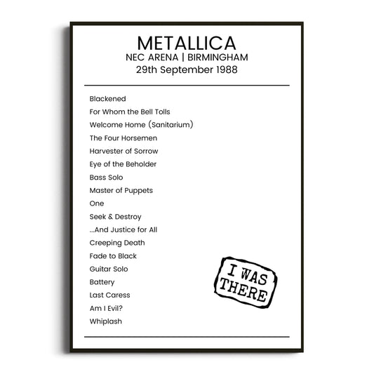 Metallica Birmingham 29 September 1988 Setlist Poster