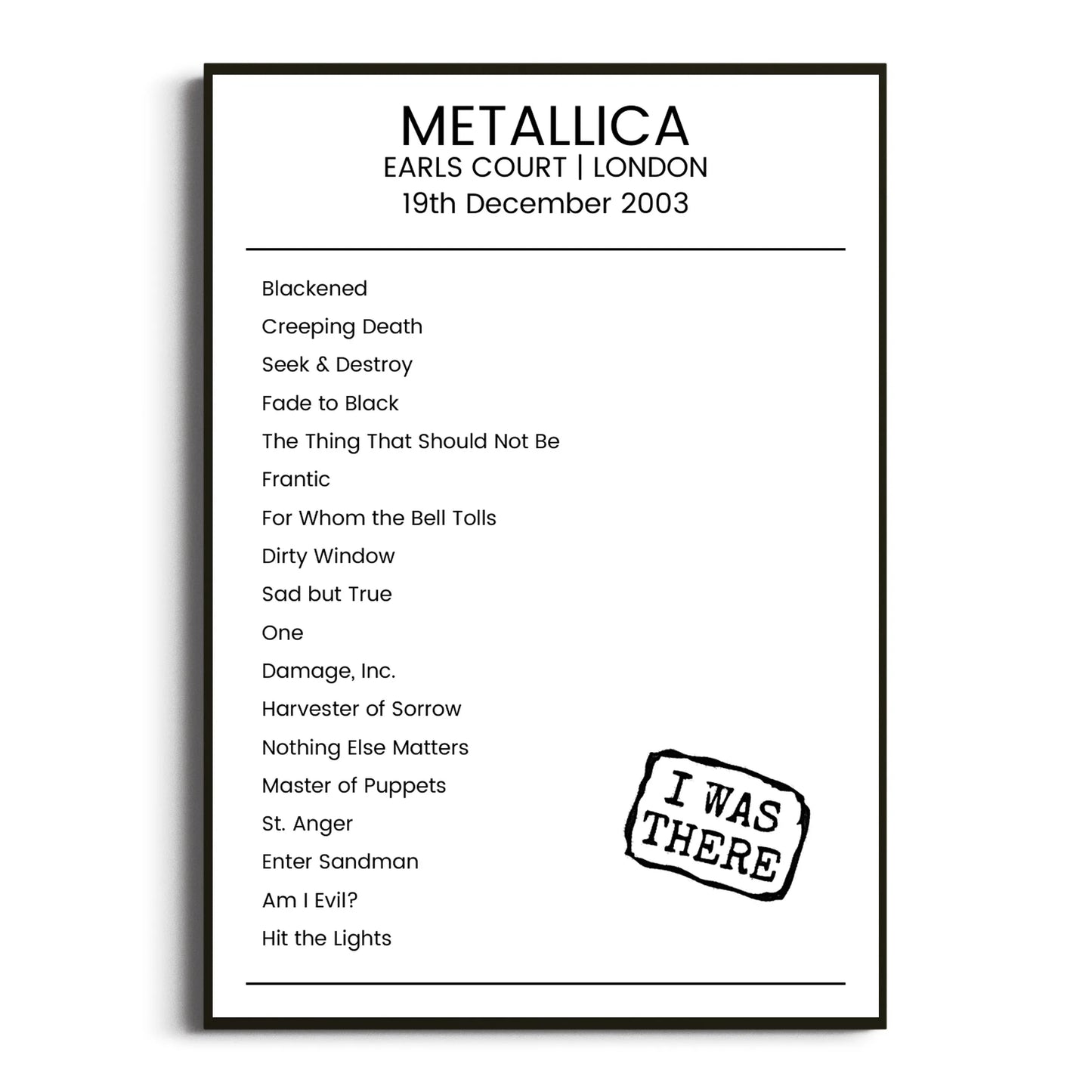 Metallica London 19 December 2003 Setlist Poster