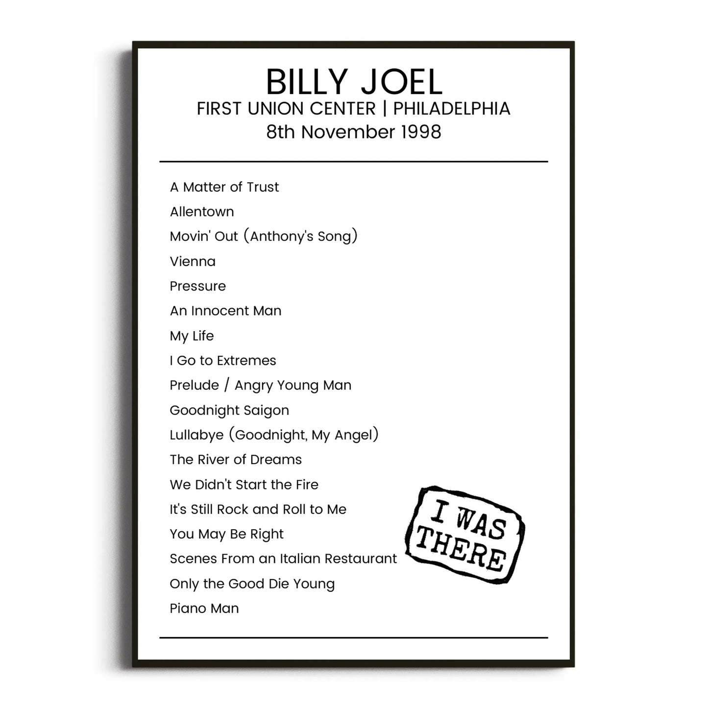 Billy Joel Philadelphia 08 November 1998 Setlist Poster