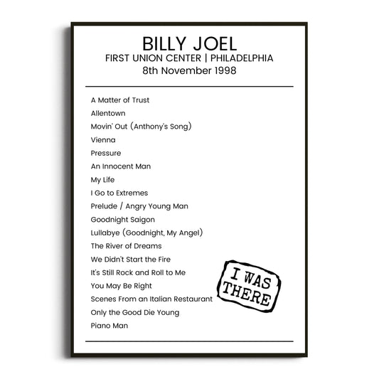 Billy Joel Philadelphia 08 November 1998 Setlist Poster