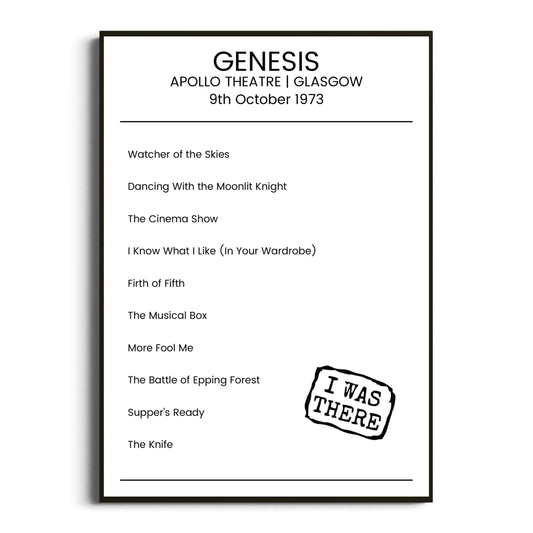 Genesis Glasgow 09 October 1973 Setlist Poster