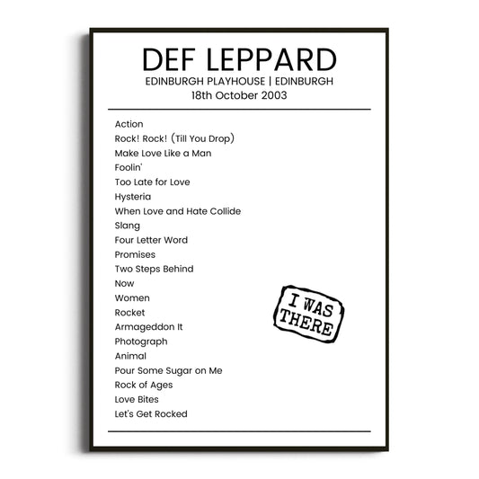 Def Leppard Edinburgh 18 October 2003 Setlist Poster