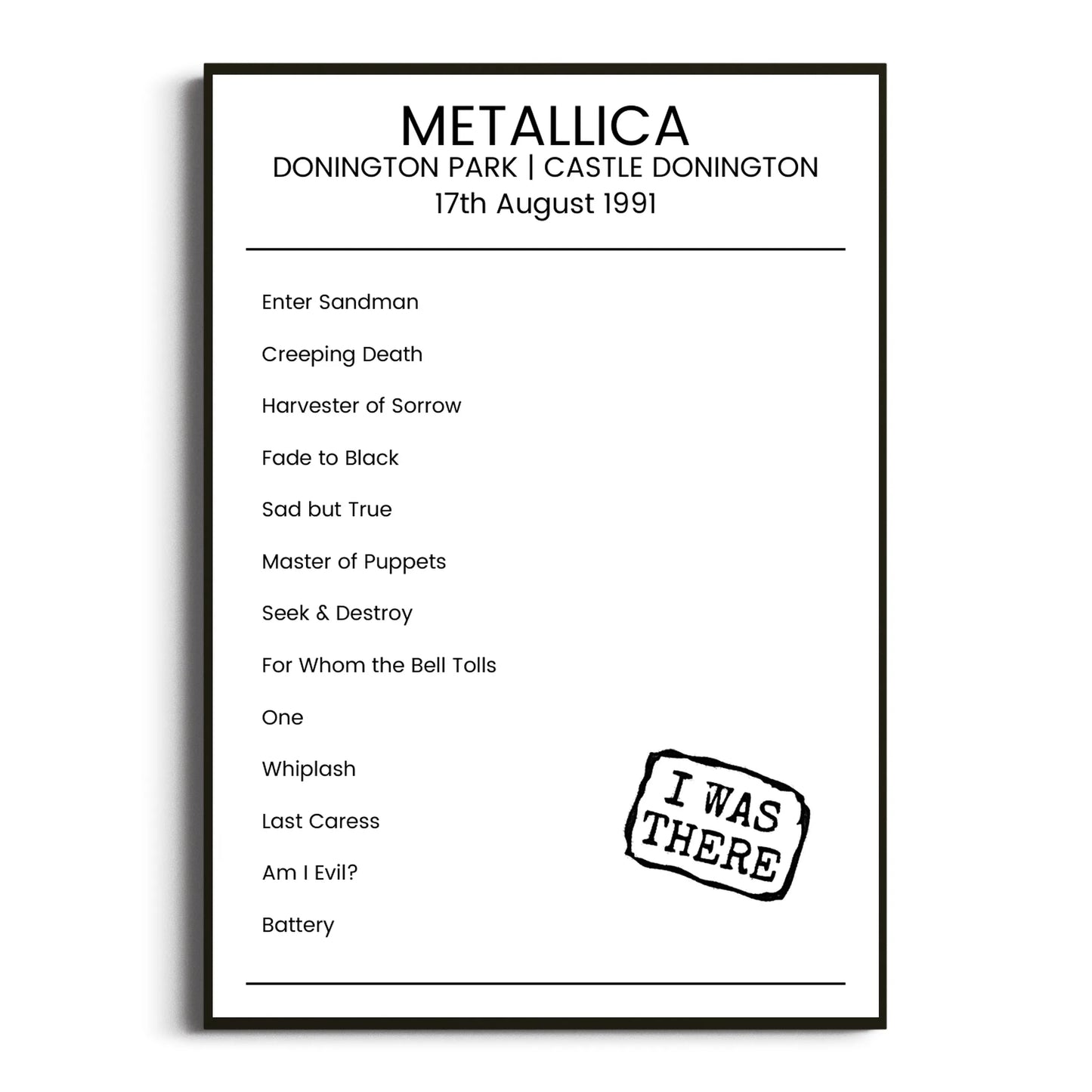 Metallica Castle Donington 17 August 1991 Setlist Poster