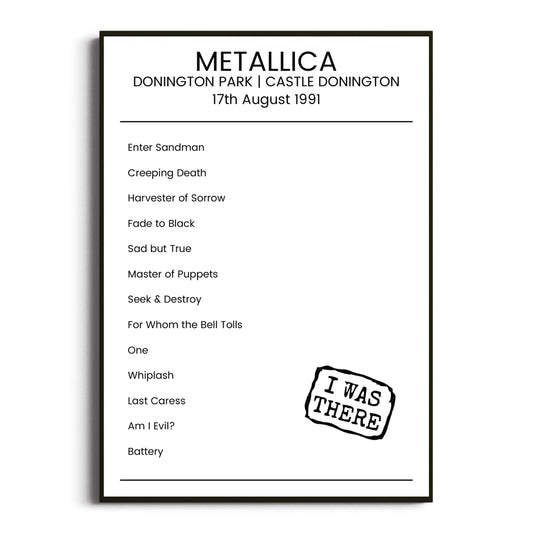 Metallica Castle Donington 17 August 1991 Setlist Poster