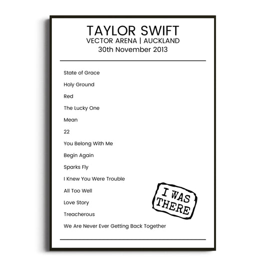 Taylor Swift Auckland 30 November 2013 Setlist Poster