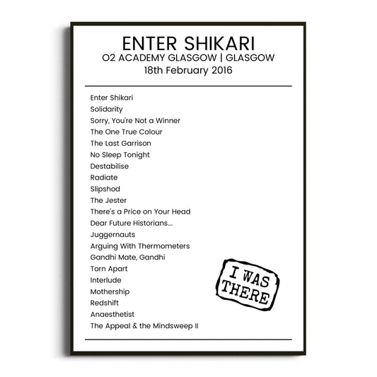 Enter Shikari Glasgow 18 February 2016 Setlist Poster