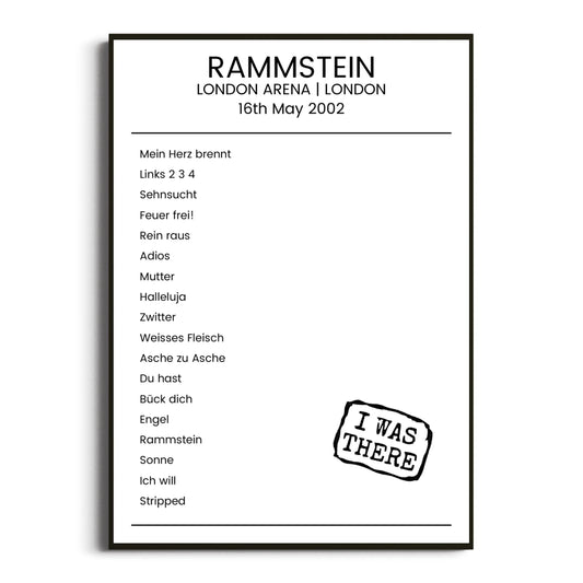 Rammstein London 16 May 2002 Setlist Poster