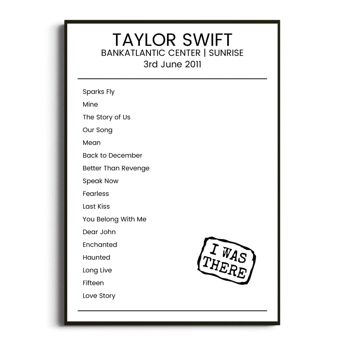 Taylor Swift Sunrise 03 June 2011 Setlist Poster