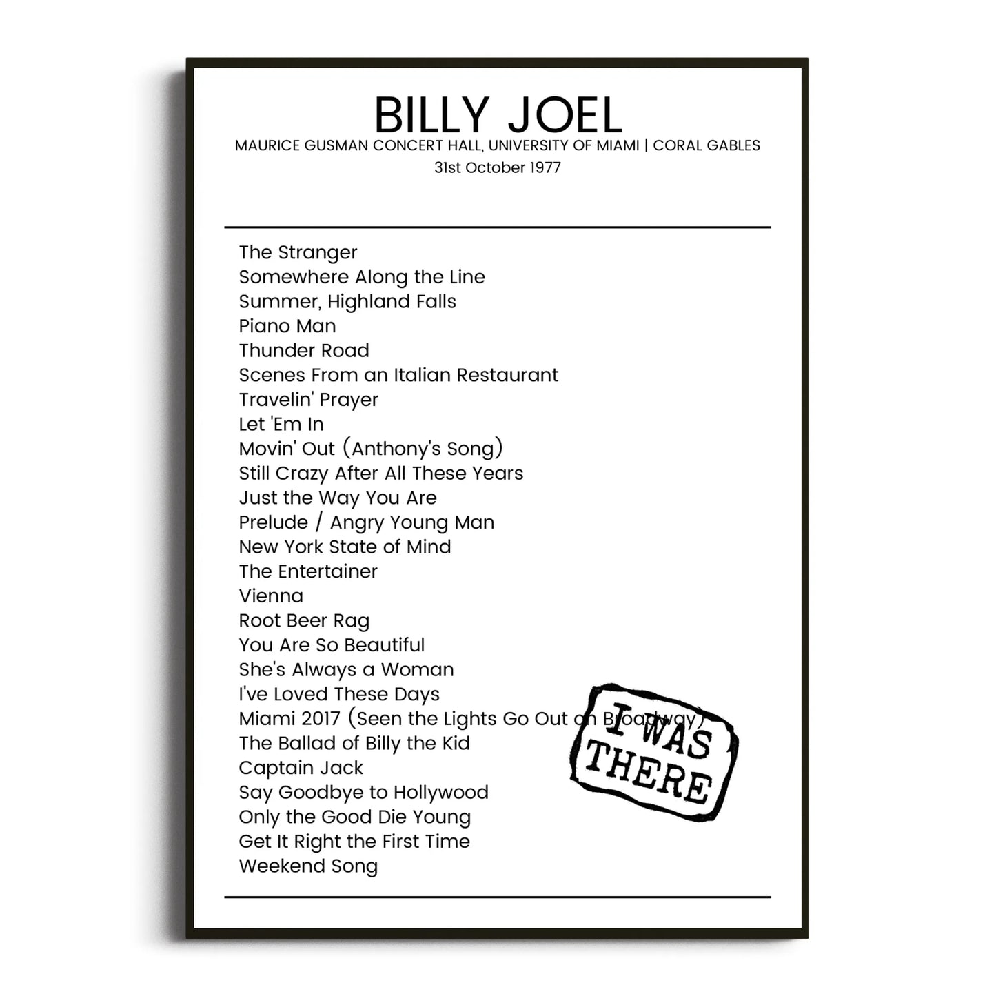 Billy Joel Coral Gables 31 October 1977 Setlist Poster