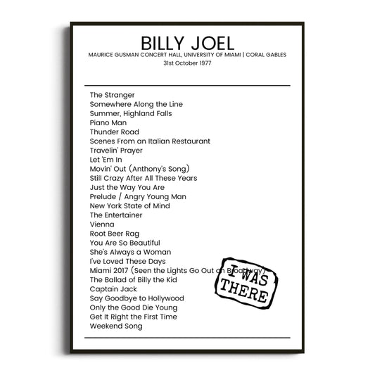 Billy Joel Coral Gables 31 October 1977 Setlist Poster