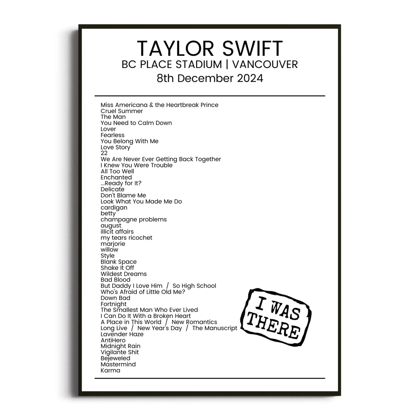 Taylor Swift Vancouver 08 December 2024 Setlist Poster