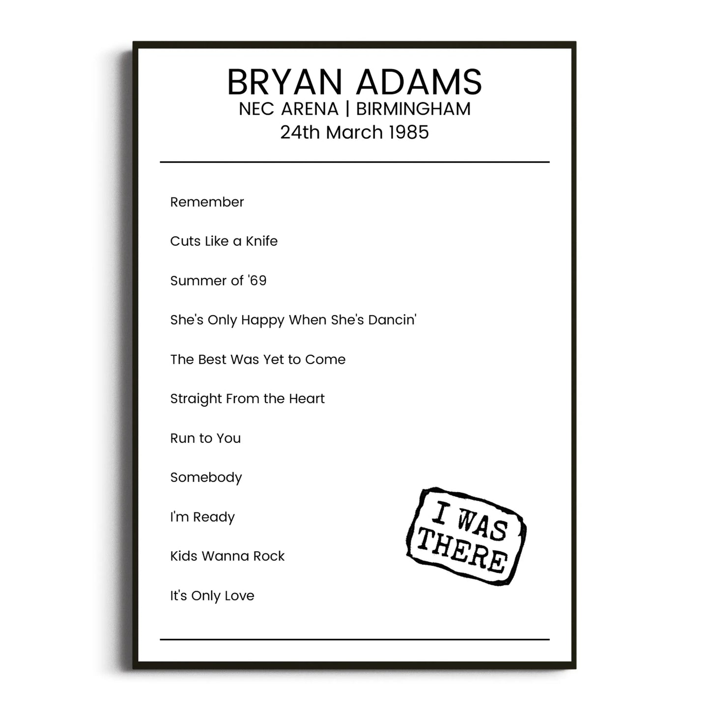 Bryan Adams Birmingham 24 March 1985 Setlist Poster