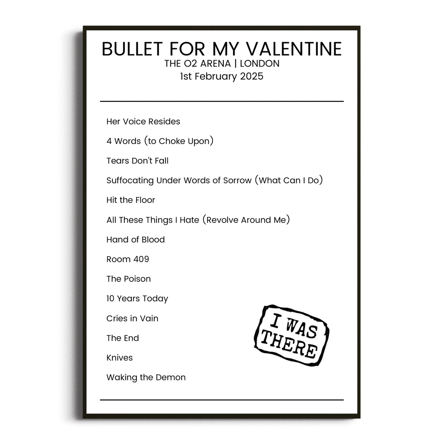 Bullet for My Valentine London 01 February 2025 Setlist Poster