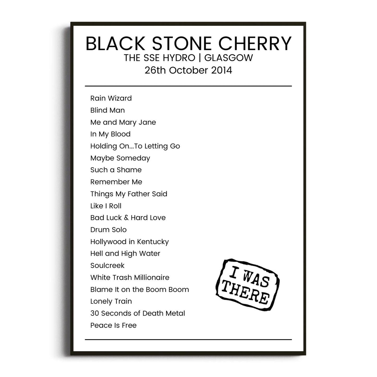 Black Stone Cherry Glasgow 26 October 2014 Setlist Poster