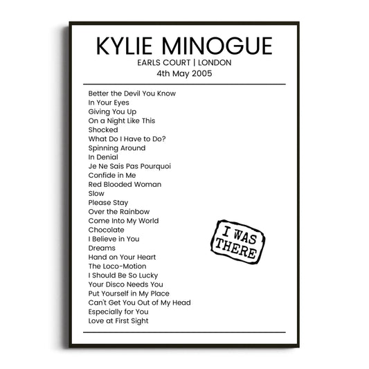 Kylie Minogue London 04 May 2005 Setlist Poster