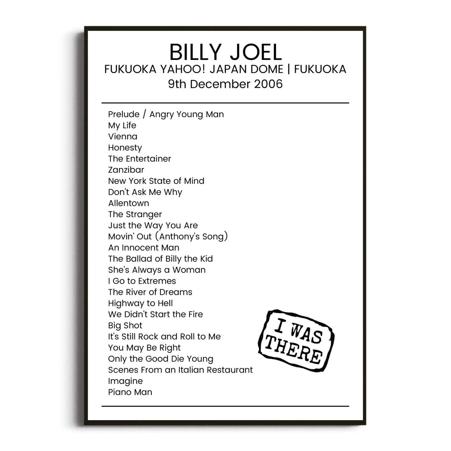 Billy Joel Fukuoka 09 December 2006 Setlist Poster