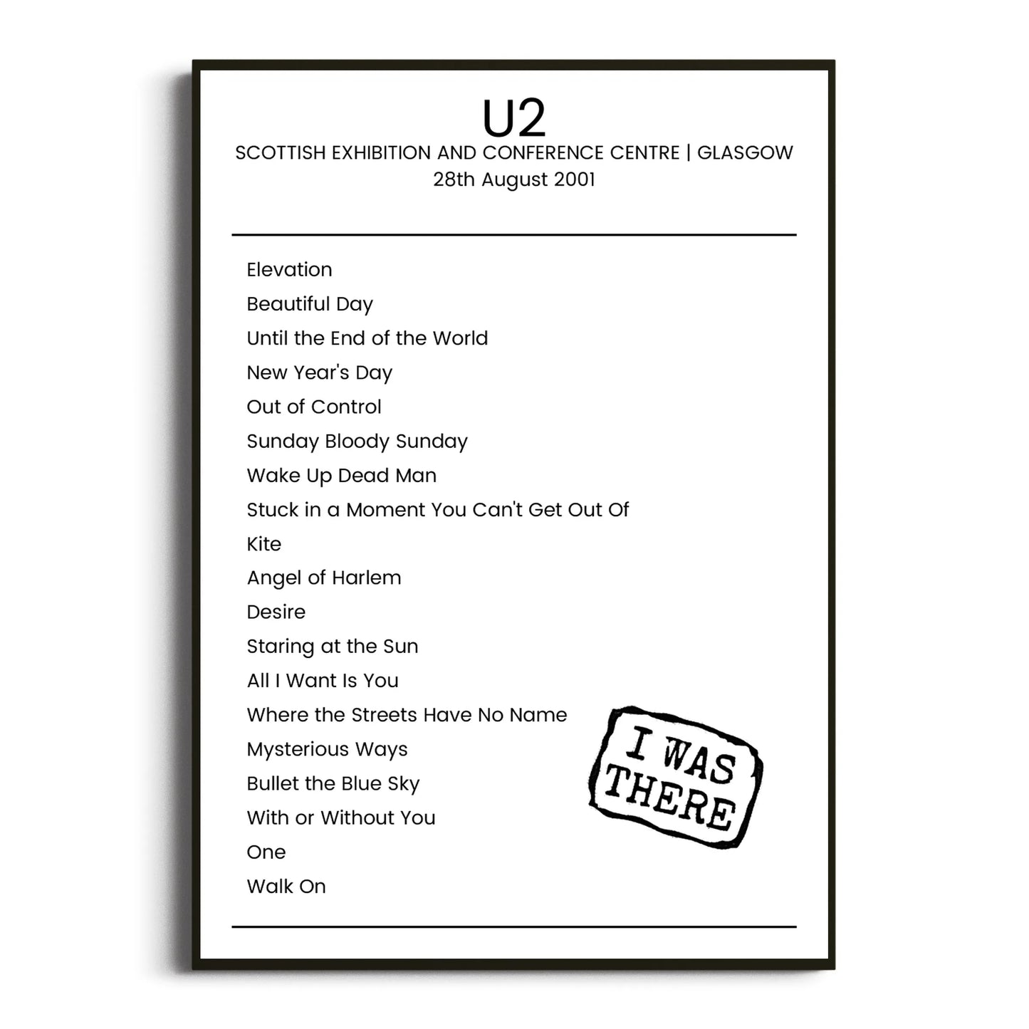 U2 Glasgow 28 August 2001 Setlist Poster