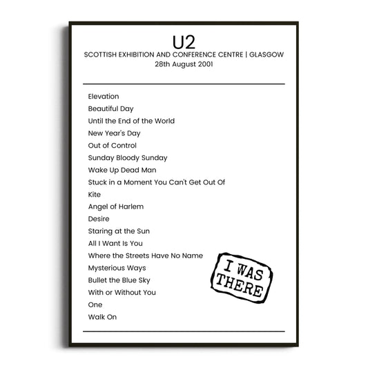 U2 Glasgow 28 August 2001 Setlist Poster