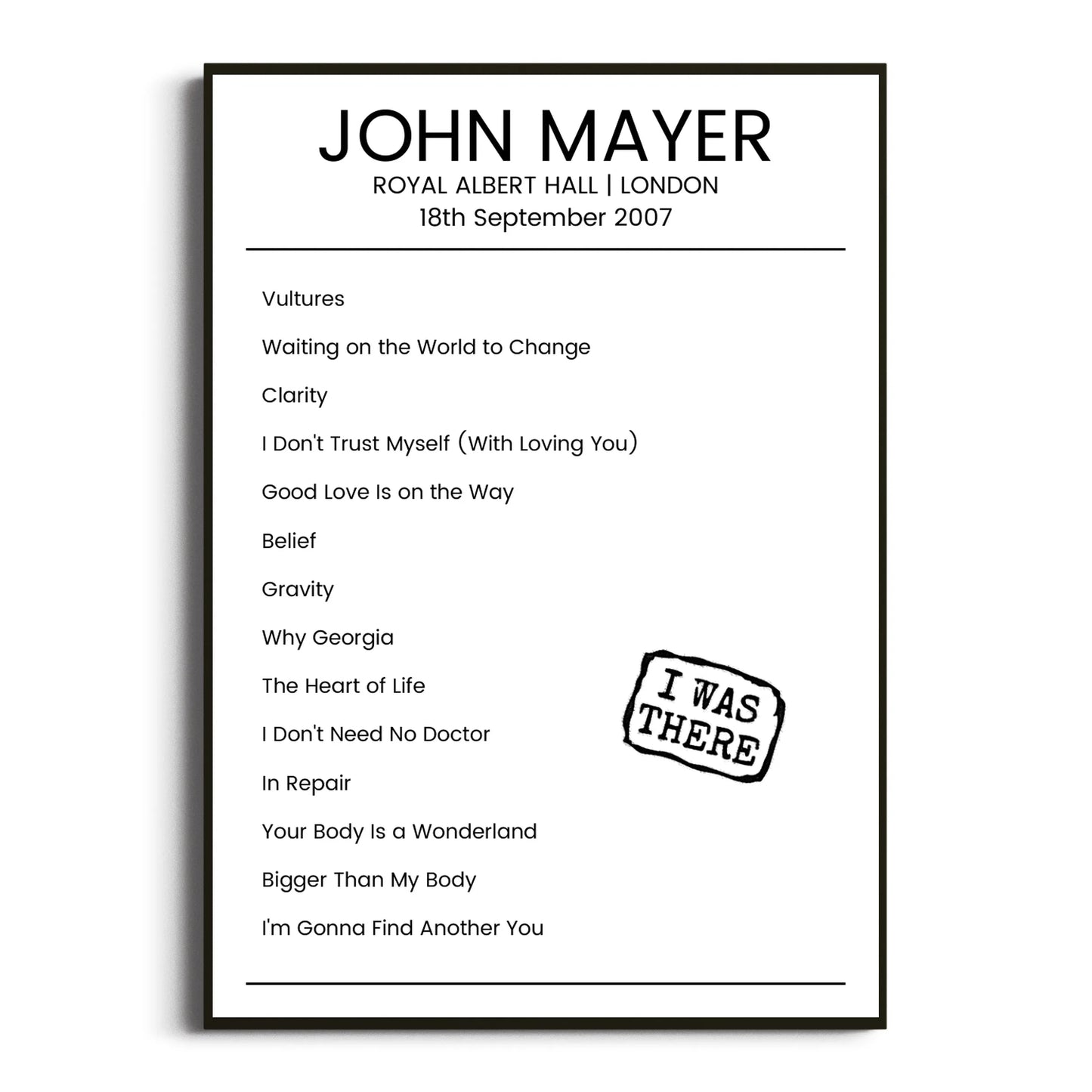 John Mayer London 18 September 2007 Setlist Poster