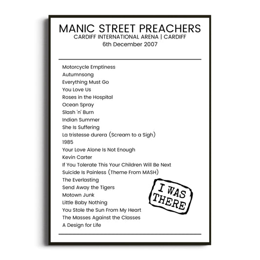 Manic Street Preachers Cardiff 06 December 2007 Setlist Poster