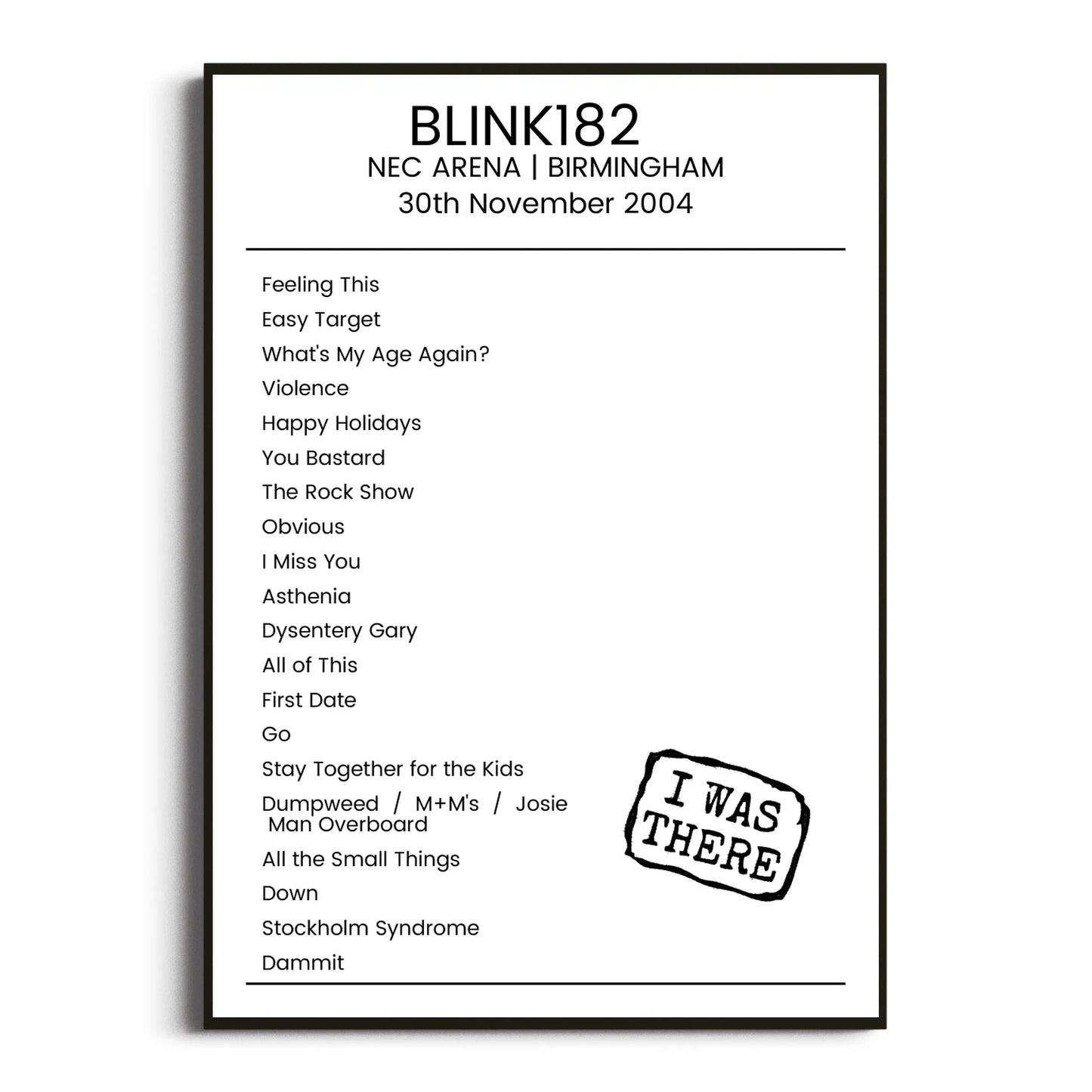 blink‐182 Birmingham 30 November 2004 Setlist Poster