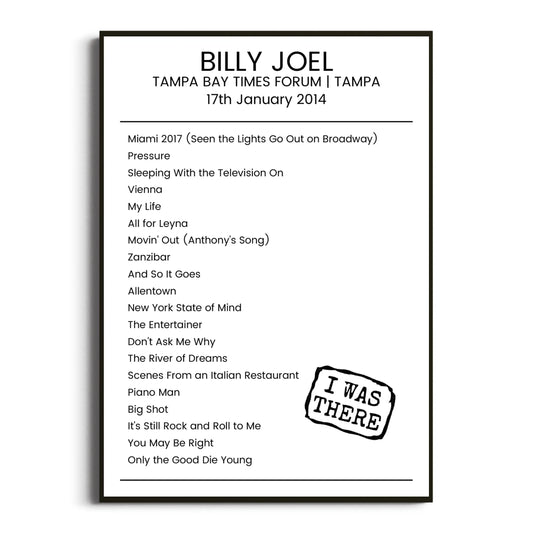 Billy Joel Tampa 17 January 2014 Setlist Poster