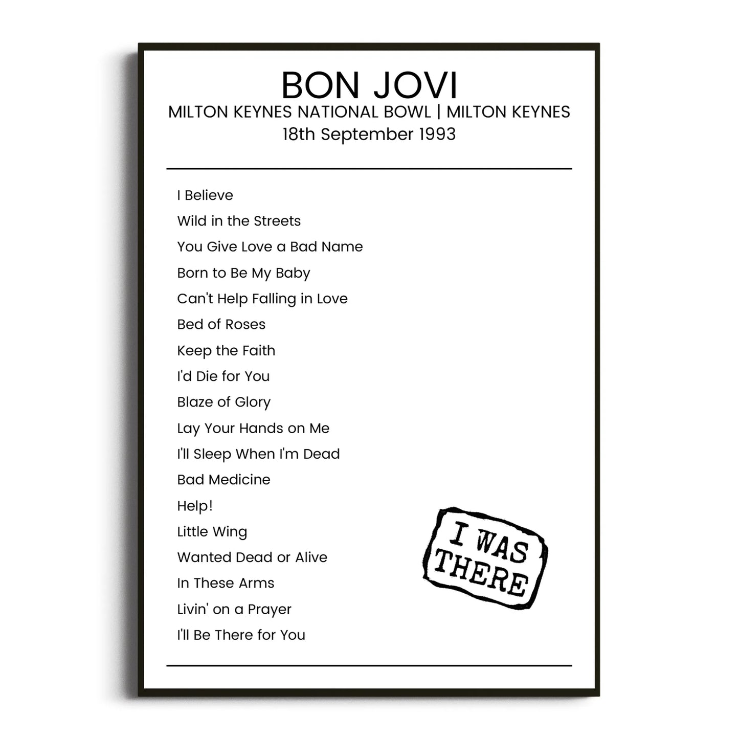 Bon Jovi Milton Keynes 18 September 1993 Setlist Poster