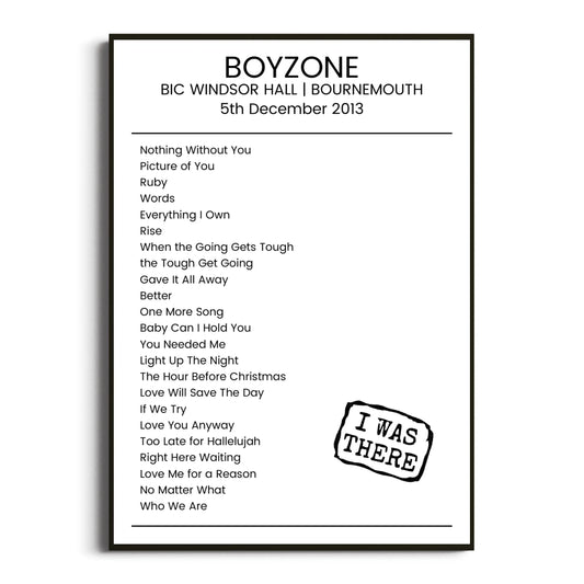 Boyzone Bournemouth 05 December 2013 Setlist Poster