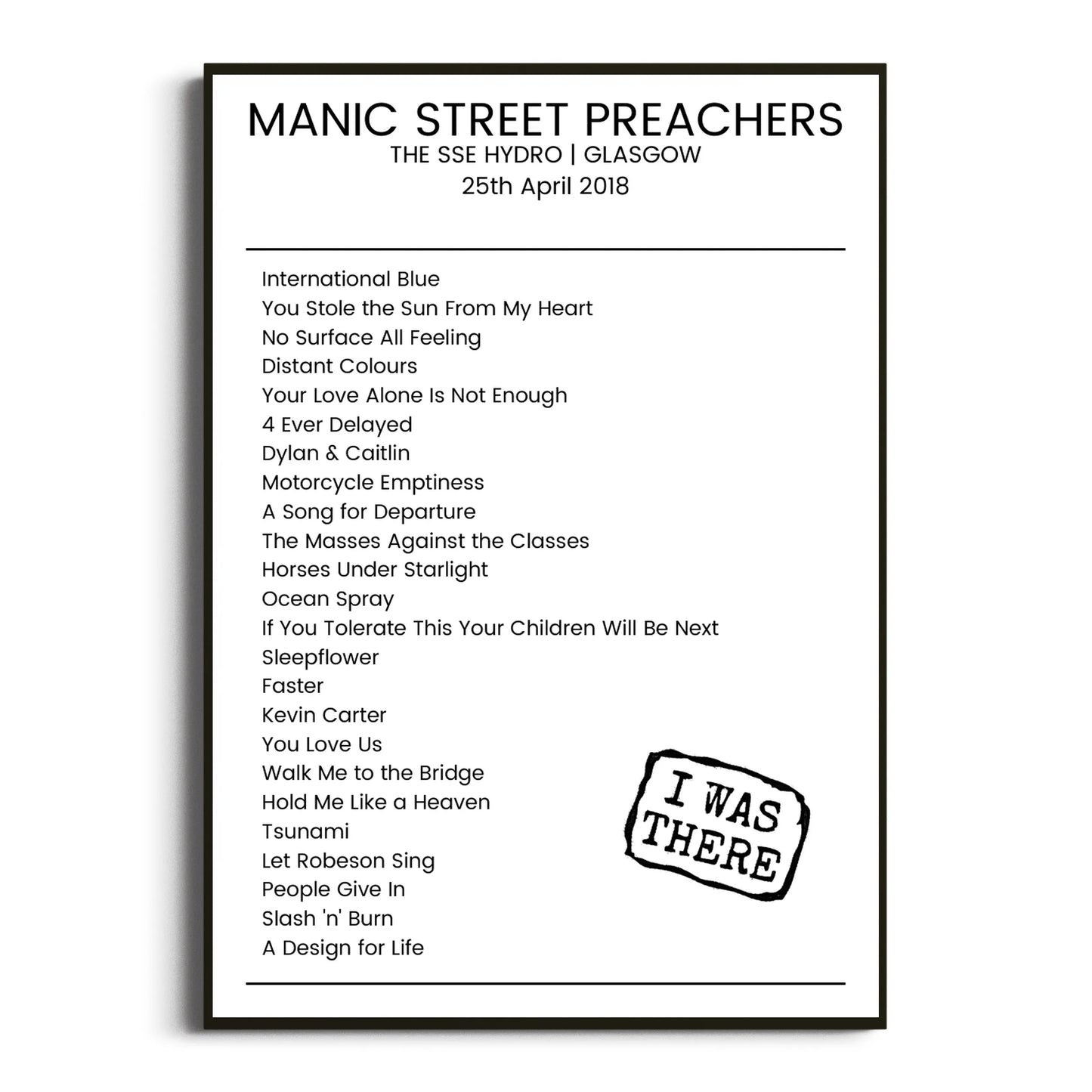 Manic Street Preachers Glasgow 25 April 2018 Setlist Poster