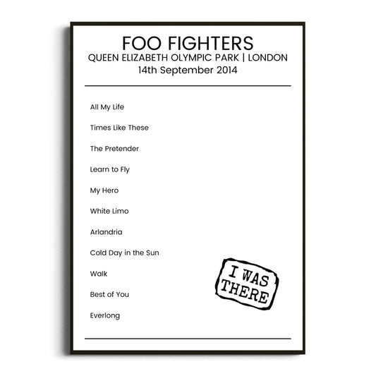 Foo Fighters London 14 September 2014 Setlist Poster