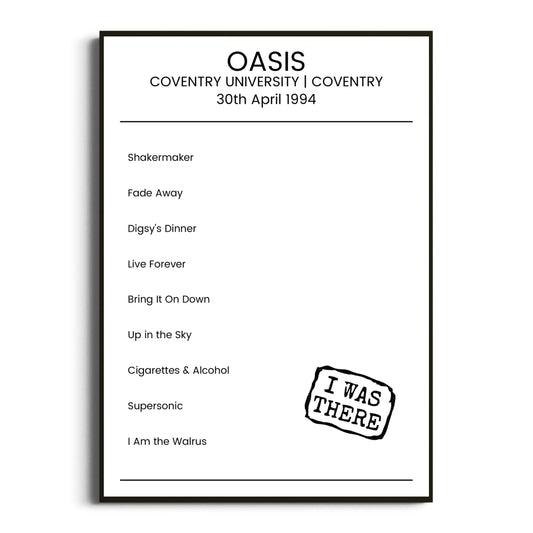 Oasis Coventry 30 April 1994 Setlist Poster