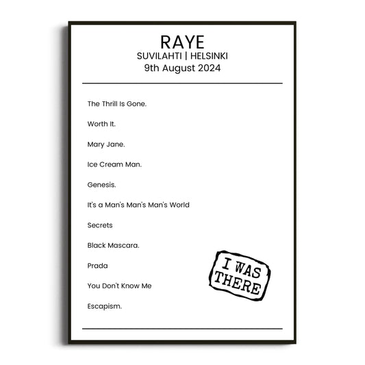 RAYE Helsinki 09 August 2024 Setlist Poster