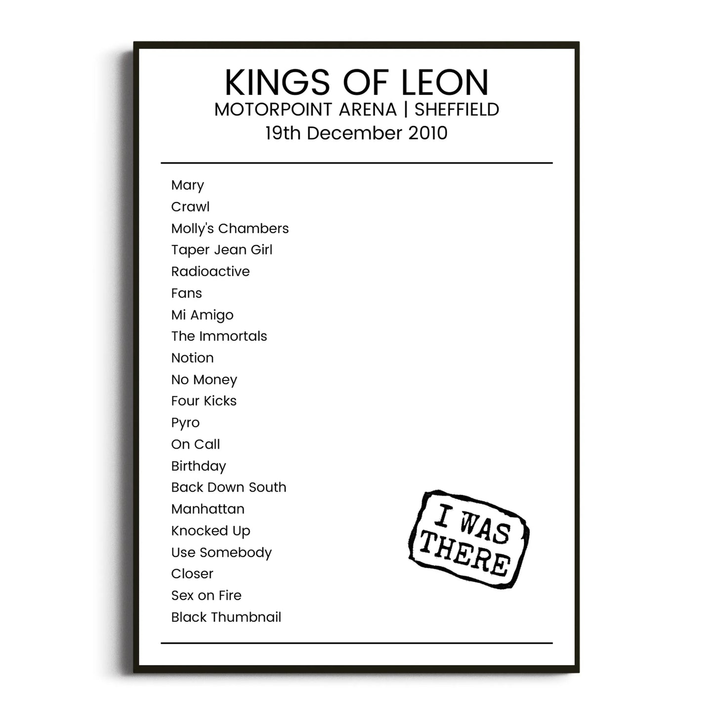 Kings of Leon Sheffield 19 December 2010 Setlist Poster